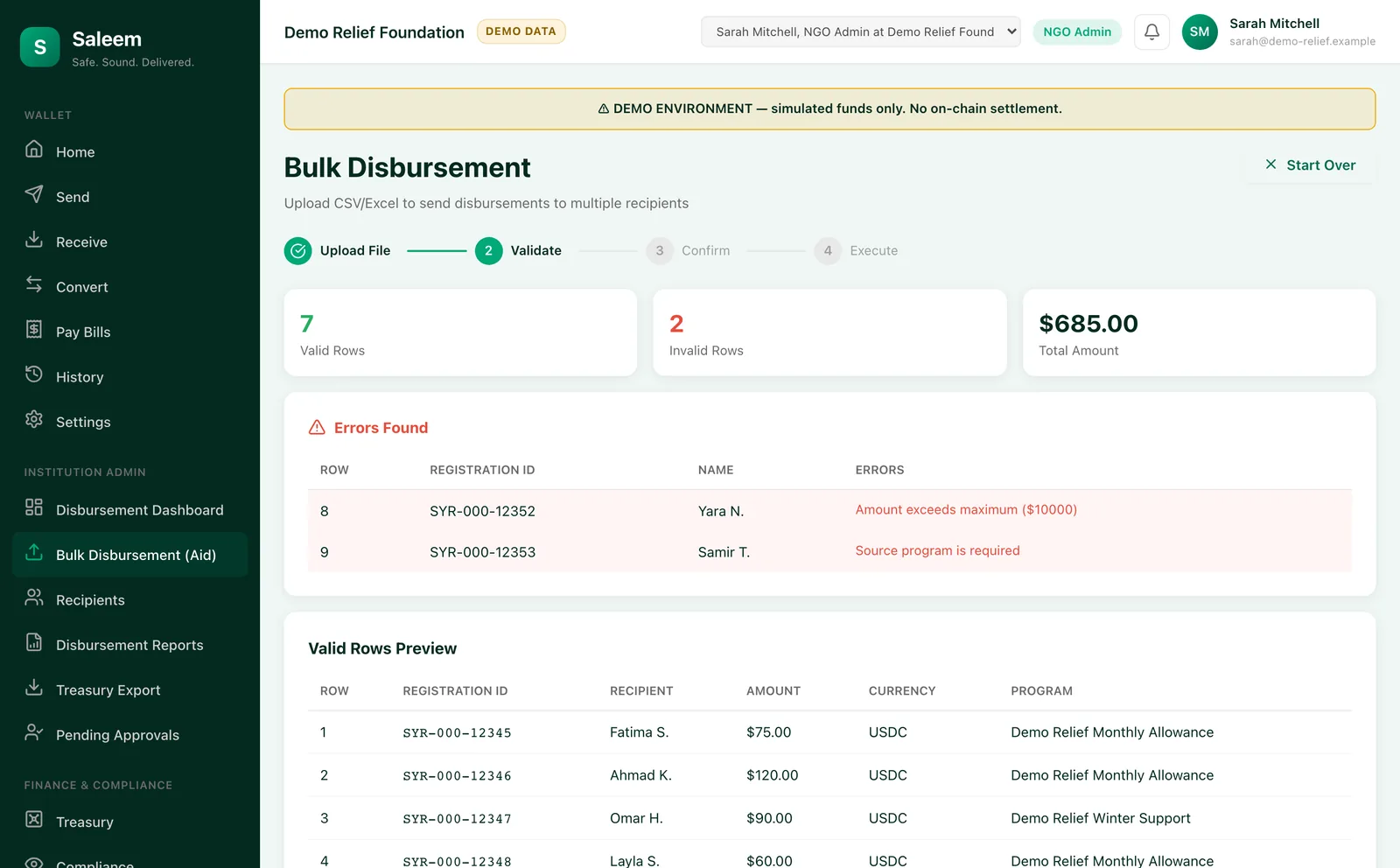 Saleem desktop console: bulk disbursement file validation
