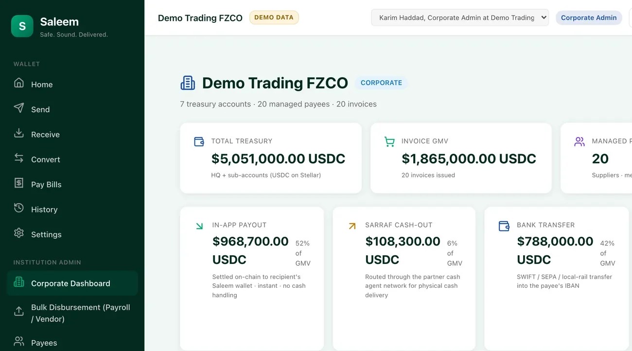 Saleem corporate console dashboard: treasury, invoice GMV, managed payees and payout channels, demo data
