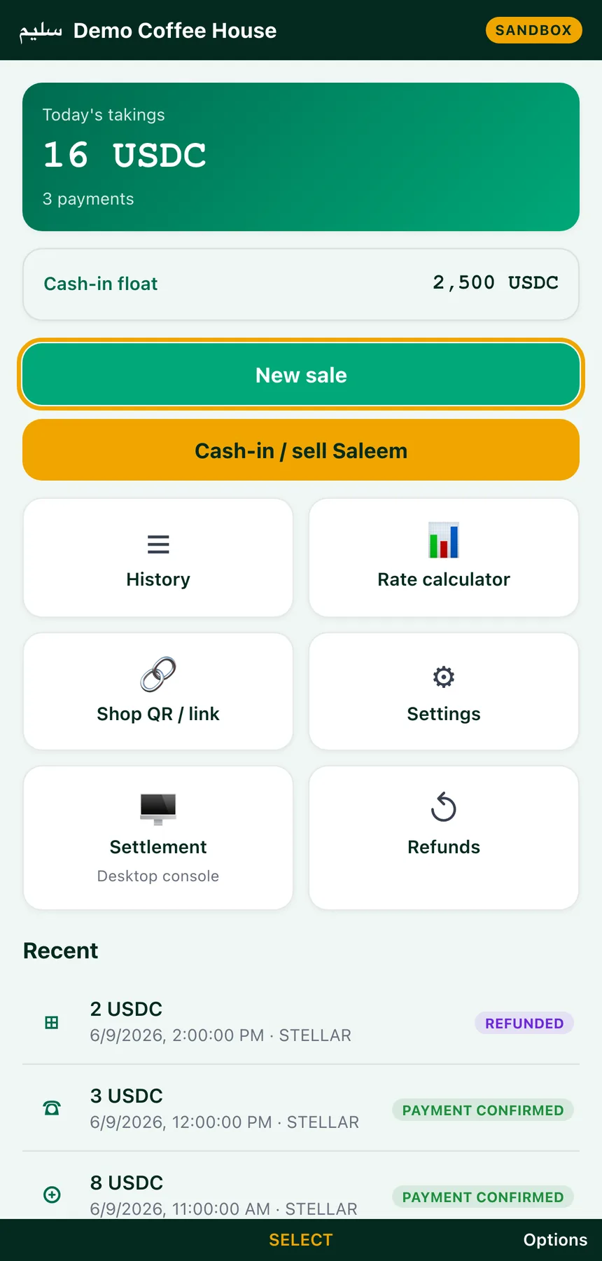Saleem merchant POS home screen on a phone: takings, new sale, cash-in, refunds