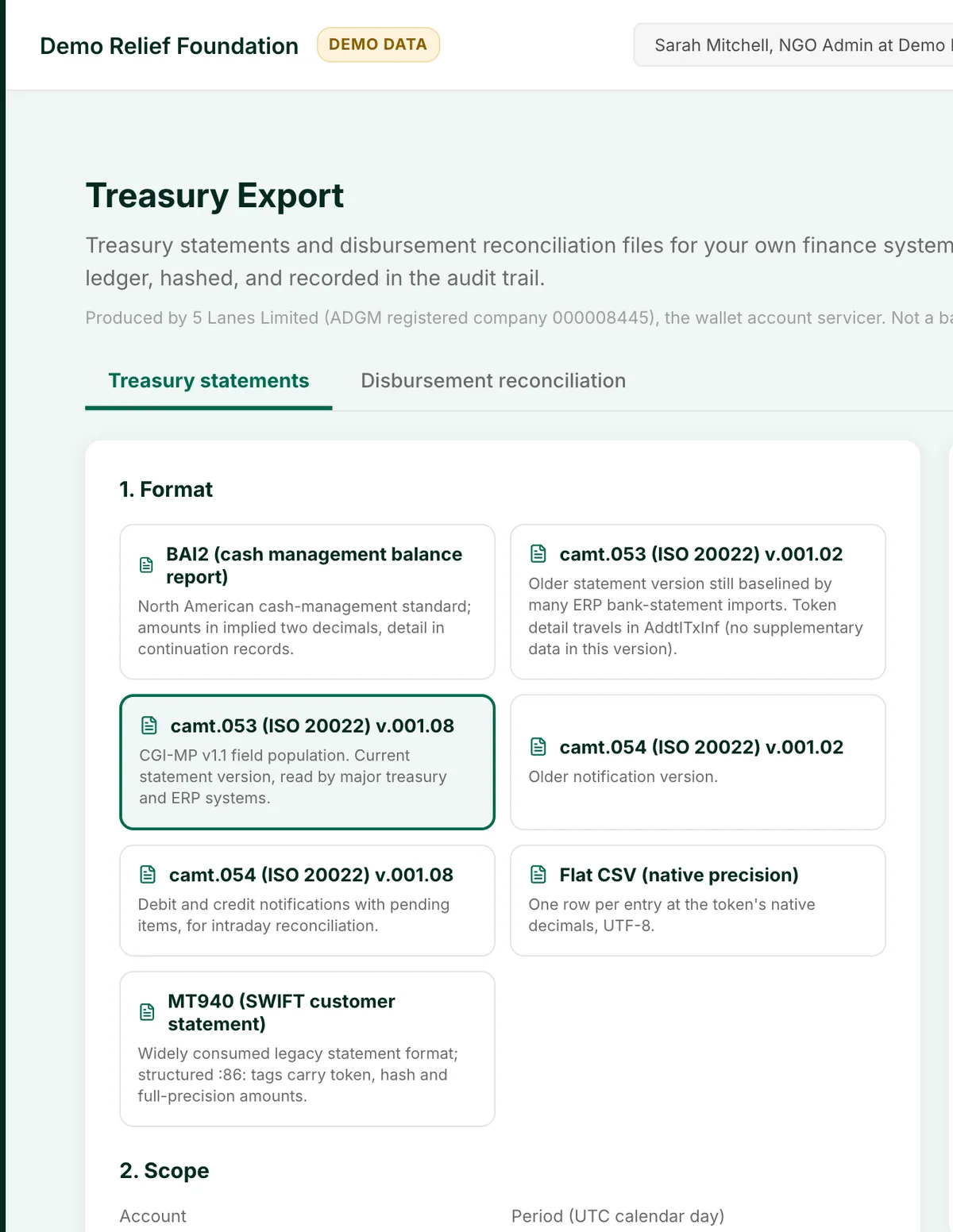 Saleem desktop console: treasury export format list with camt.053, camt.054, MT940, BAI2 and CSV