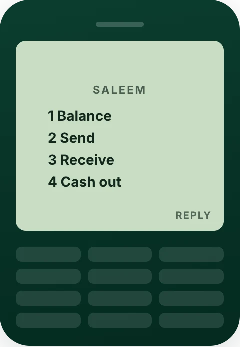 A basic phone showing the Saleem USSD menu: 1 Balance, 2 Send, 3 Receive, 4 Cash out; illustration of the flow on the home page