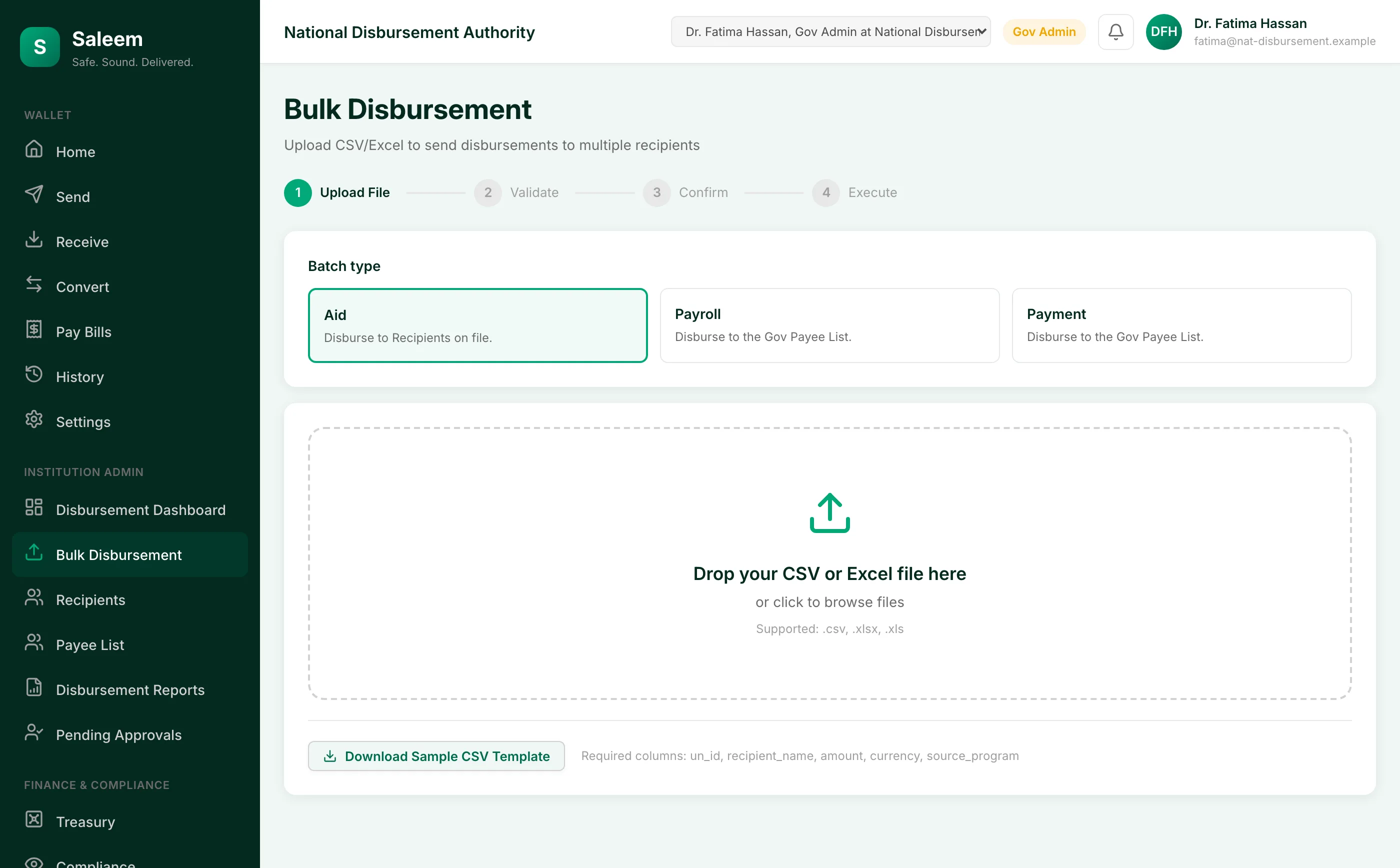 Saleem Government console: bulk disbursement upload flow