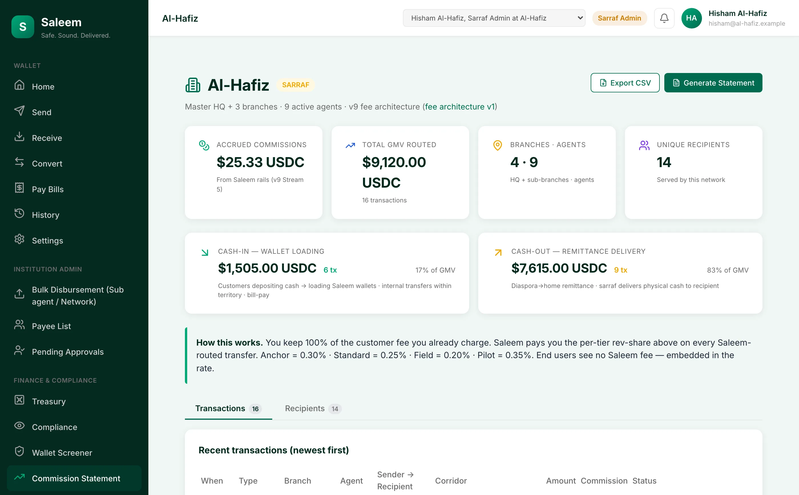 Saleem Sarraf Operator console: commissions dashboard