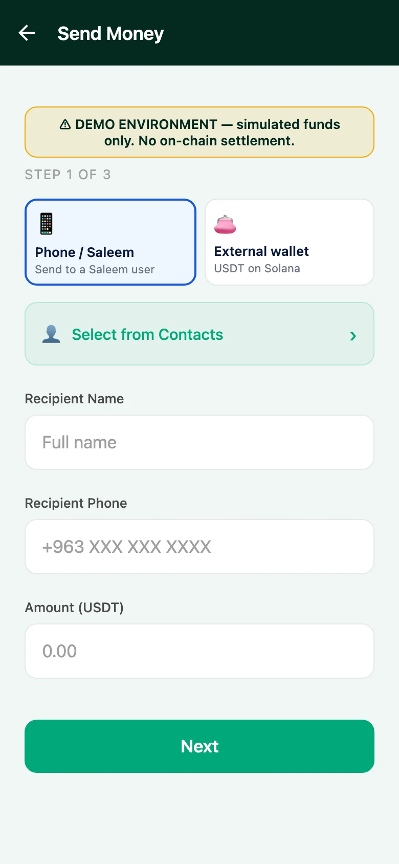 Saleem wallet send screen from the React Native build that iOS and Android share, demo environment